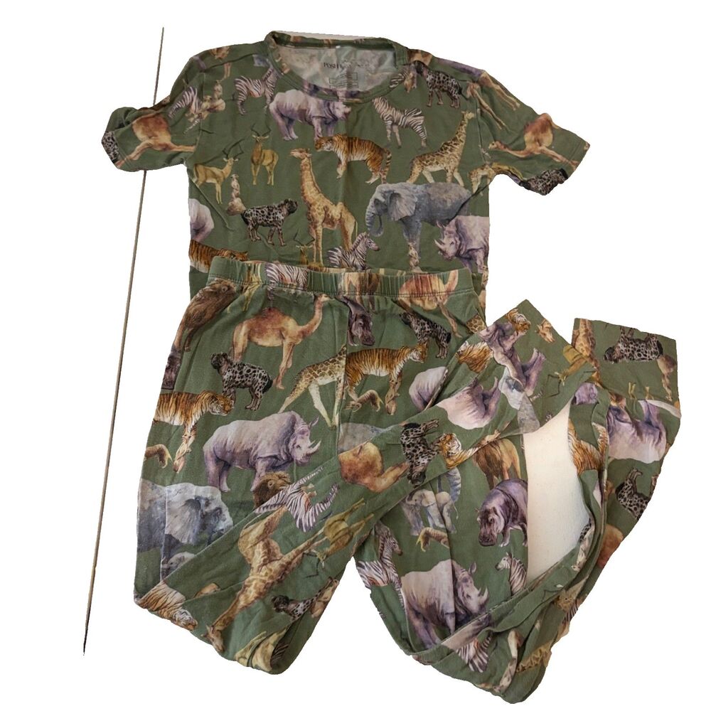 Posh Peanut Pajama Set Boy's 7-8 Years Green Rhino Zebra Safari Animals